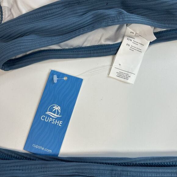 Cupshe Swimsuit Women’s Medium Triangle Bikini Blue Ribbed Knit Beach Vacation - Picture 4 of 6